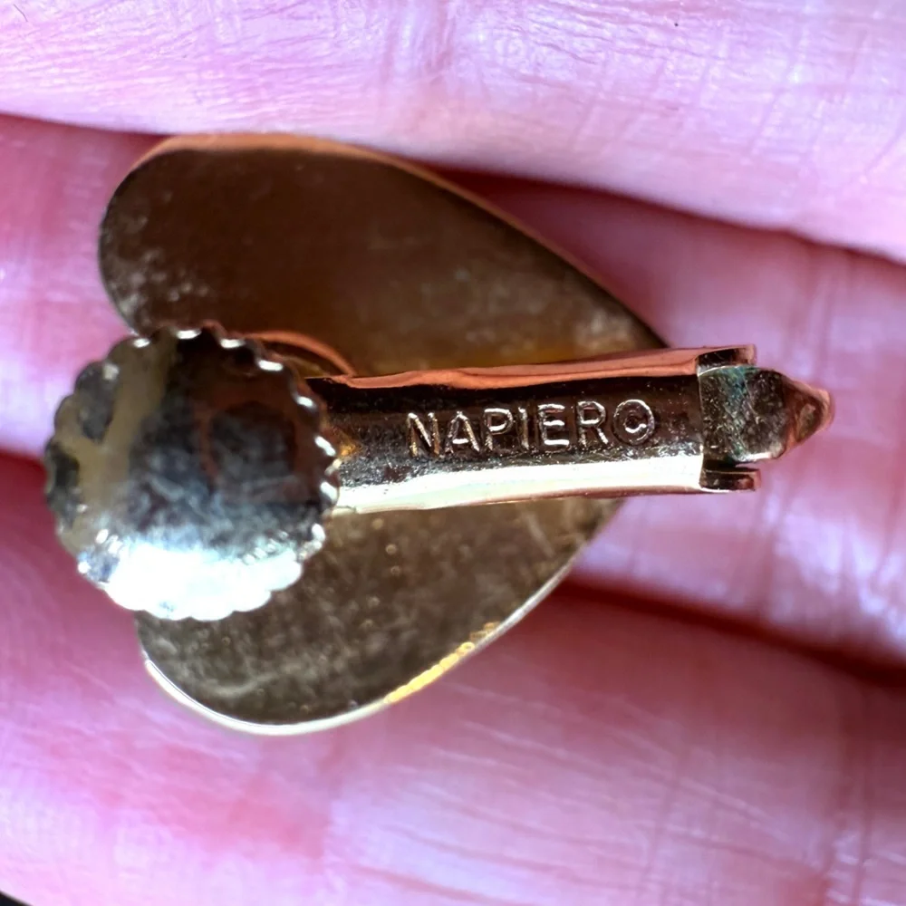 Vintage Napier Aged Goldtone Heart Shaped Clip On Earrings